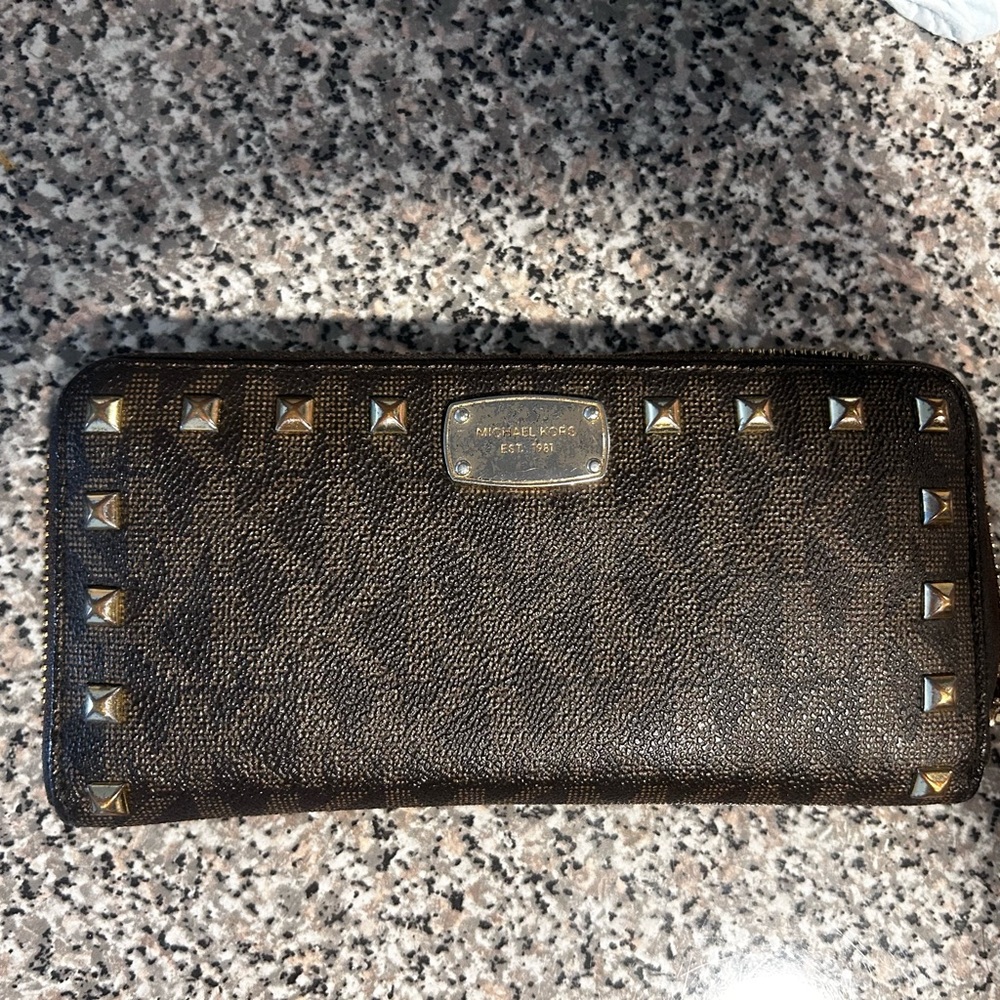Michael Kors Gold Studded Brown Zip Wallet